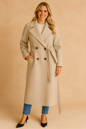 Elegant beige longline double-breasted coat with wide lapel collar, relaxed tailored fit, side pockets, and matching belt detail, styled over a ribbed knit top for a modern minimalist look