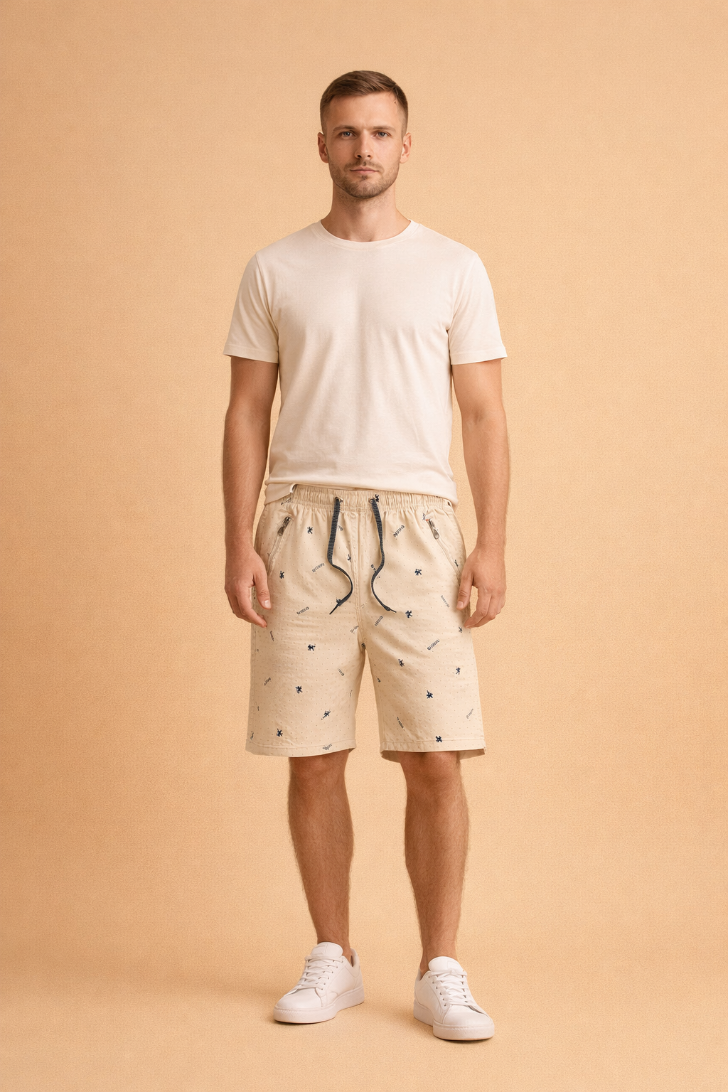 Light beige casual shorts with elastic waistband and black drawstring, featuring a fine micro-dot pattern with small navy blue motif prints, tailored knee-length cut, zippered side pockets, and lightweight breathable cotton fabric for a clean summer look.