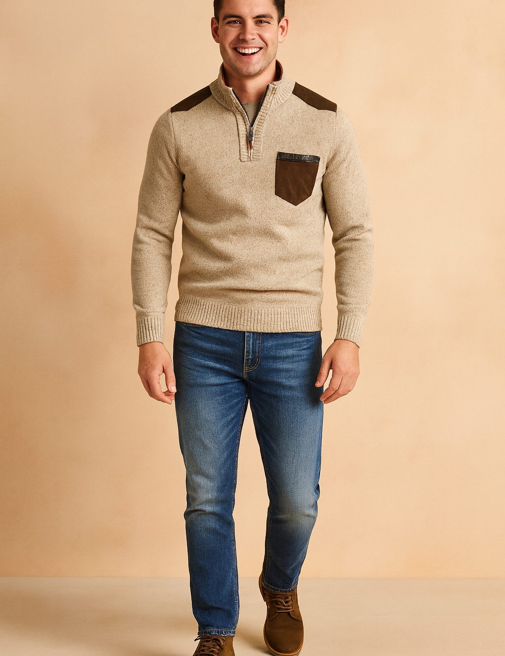 Beige quarter-zip knitted sweater with ribbed hem and cuffs, detailed with dark brown suede shoulder panels and matching chest pocket, designed in a slim modern fit.