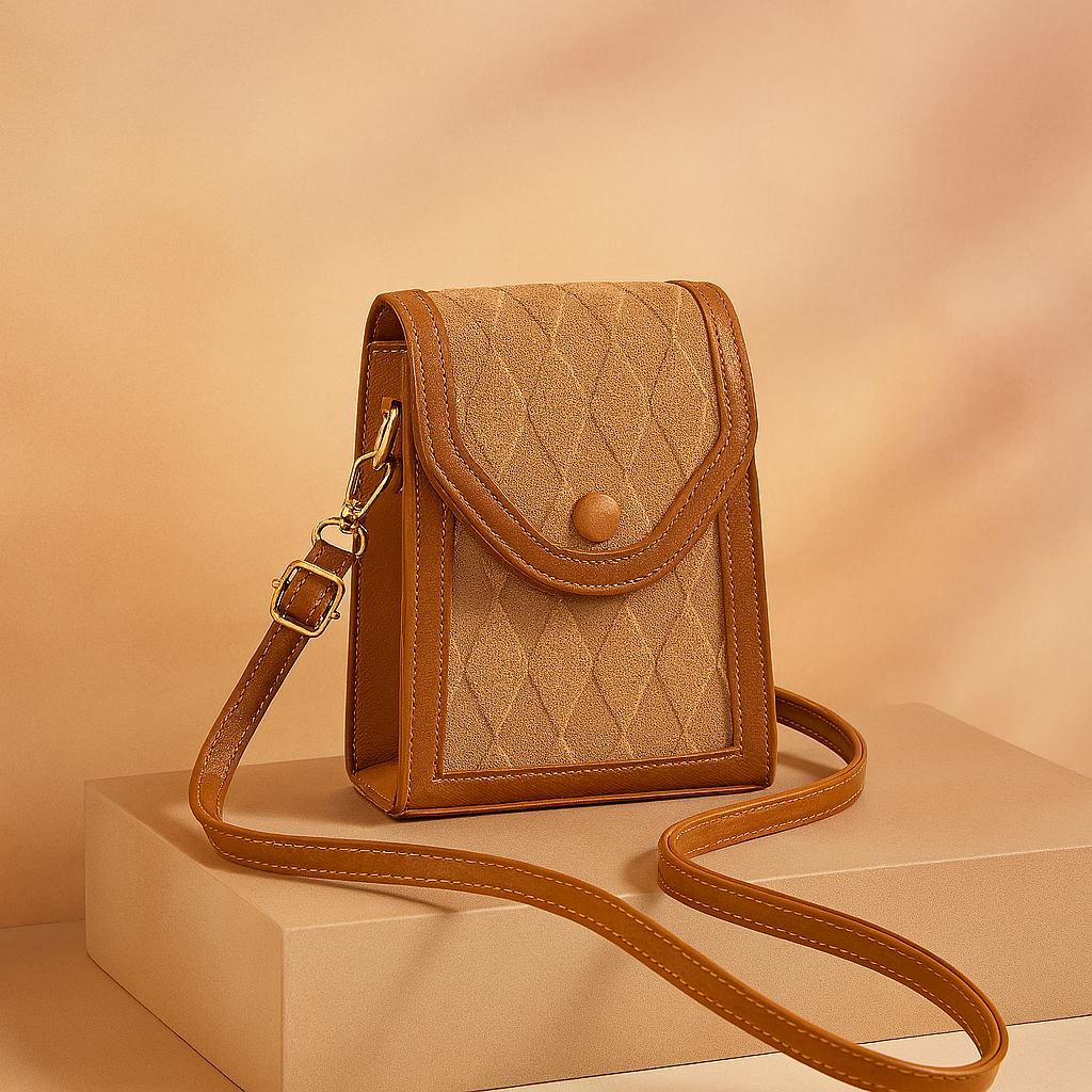 Beige quilted crossbody bag with diamond stitching, brown faux leather trim, rounded flap closure, and gold-toned hardware, displayed on a neutral sand and peach gradient background.