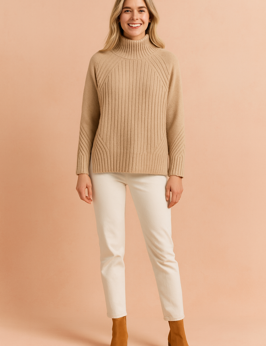 Beige ribbed high-neck knit sweater with long sleeves, featuring vertical and diagonal ribbed patterns, paired with off-white straight-leg pants and camel suede ankle boots.