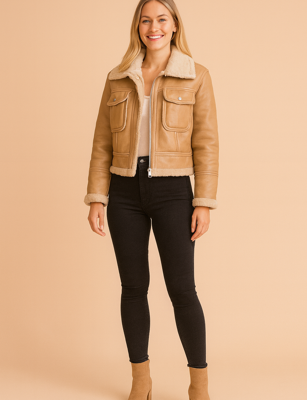 Beige faux shearling aviator jacket with front flap pockets, zip closure, and plush lining, styled with black skinny jeans and tan ankle boots for a chic winter look.