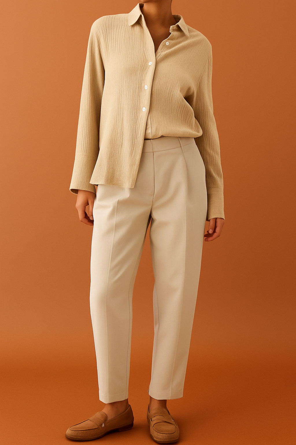 Beige crinkled button-down shirt with a soft collar and long sleeves, tucked into high-waisted cream pleated trousers, styled with tan suede loafers.
