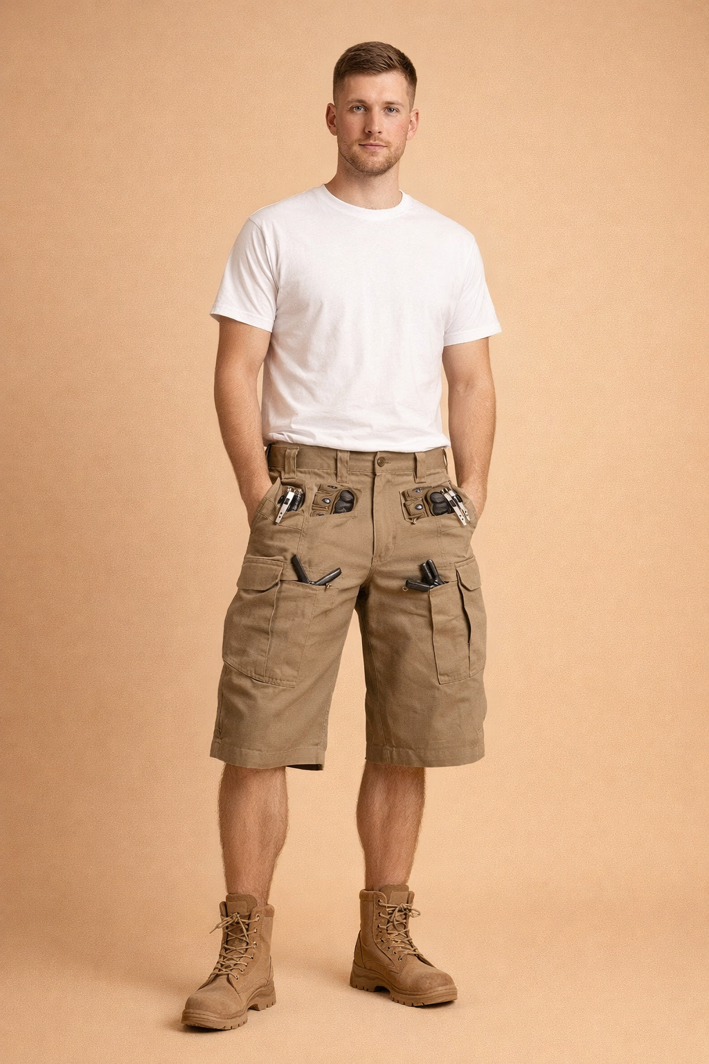 Beige tactical cargo shorts crafted from durable ripstop fabric with a fine grid weave, featuring reinforced stitching, multiple utility pockets with metal zippers, flap cargo pockets, integrated D-ring detail, and structured knee panels, paired with a solid olive green short-sleeve cotton T-shirt in a smooth, matte finish.