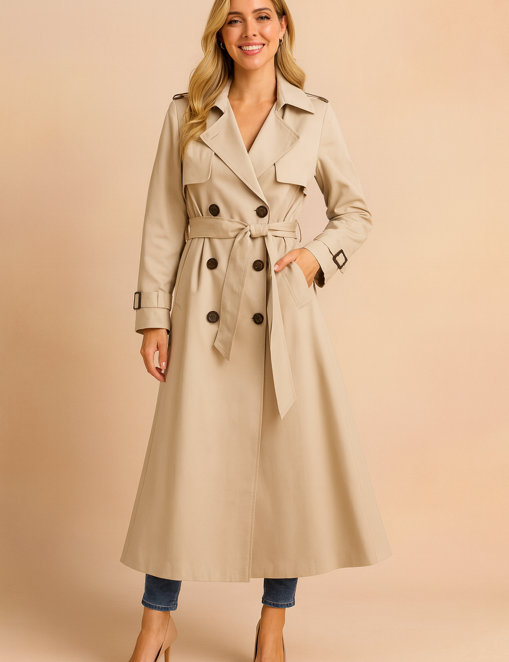 Elegant beige trench coat with double-breasted buttons, wide lapel collar, belted waist, and long tailored cut, perfect for layering in transitional weather.