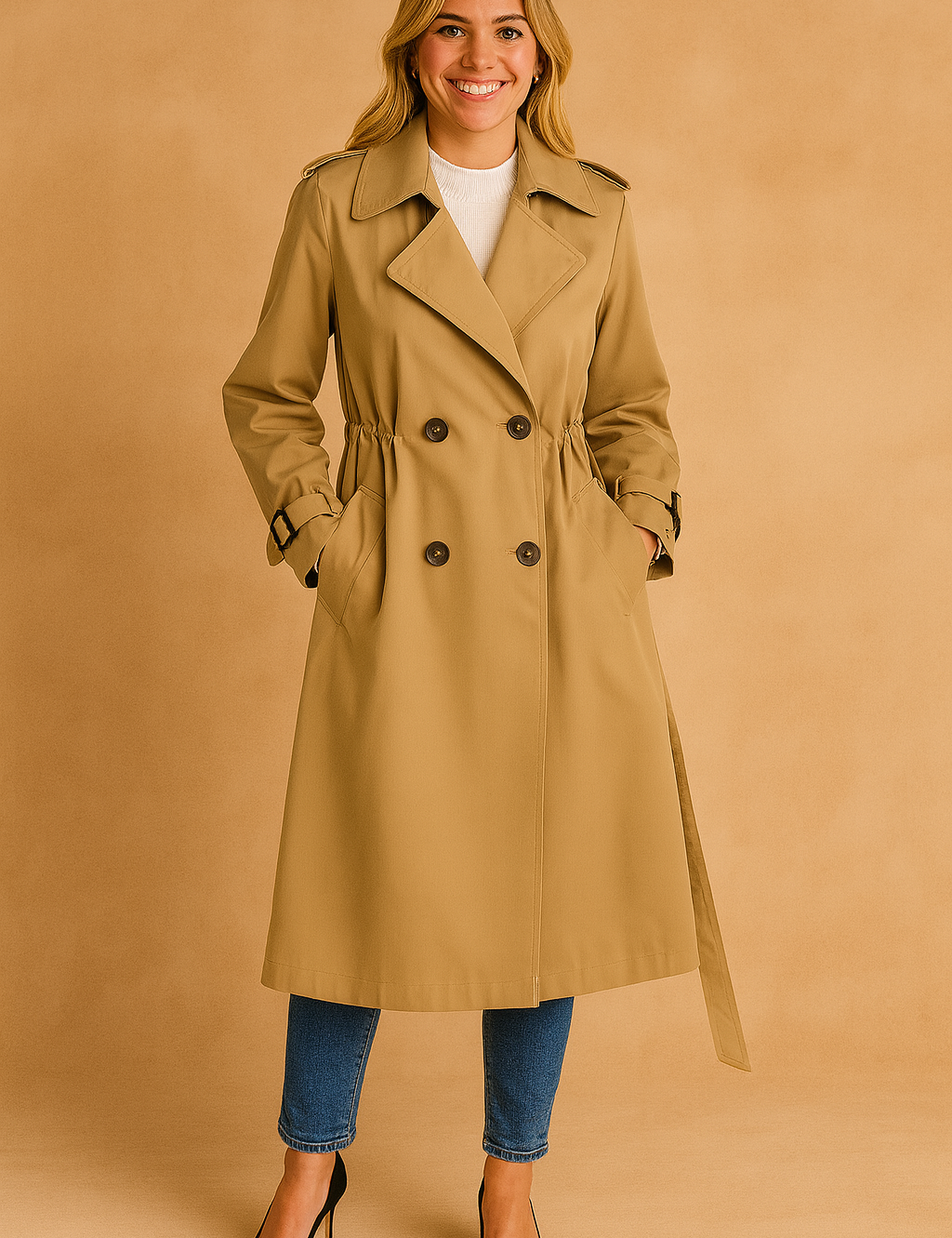 Classic beige trench coat with double-breasted button design, notched lapel collar, adjustable cuff straps, and waist cinching detail for a timeless and elegant silhouette.