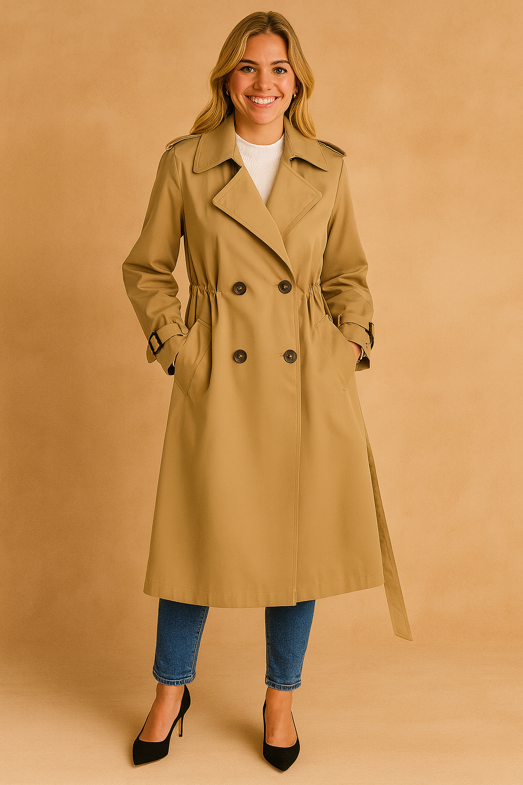 Classic beige trench coat with double-breasted button design, notched lapel collar, adjustable cuff straps, and waist cinching detail for a timeless and elegant silhouette.