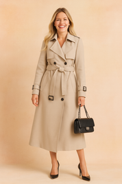 Beige double-breasted trench coat with belt, epaulets, and cuff straps, styled with black heels and a quilted handbag.
