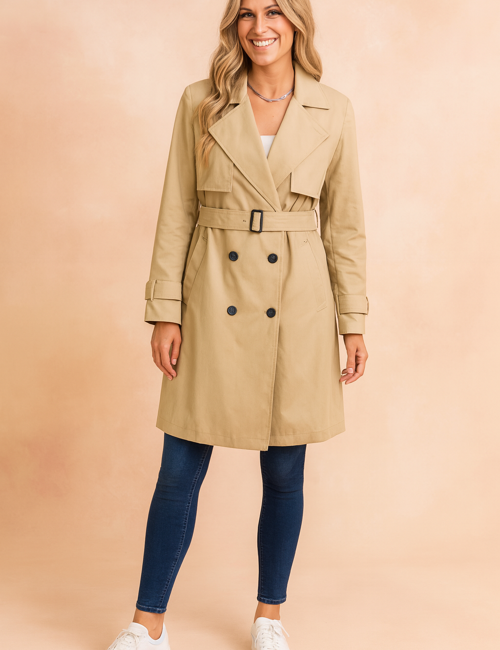 Classic beige trench coat with double-breasted black buttons, belted waist, wide lapels, and adjustable sleeve straps, paired with dark blue skinny jeans and white low-top sneakers.