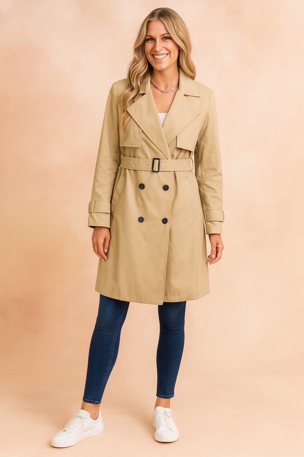 Classic beige trench coat with double-breasted black buttons, belted waist, wide lapels, and adjustable sleeve straps, paired with dark blue skinny jeans and white low-top sneakers.