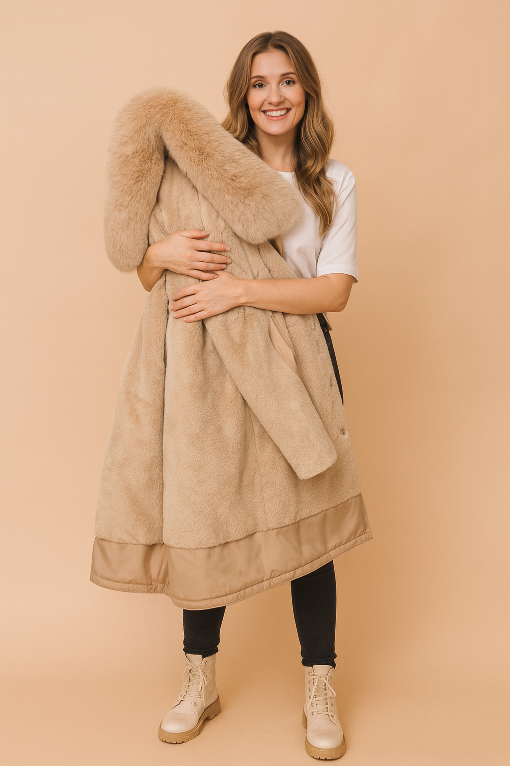Beige winter parka jacket with thick faux fur lining and hood, designed for warmth and comfort with a sleek urban style.