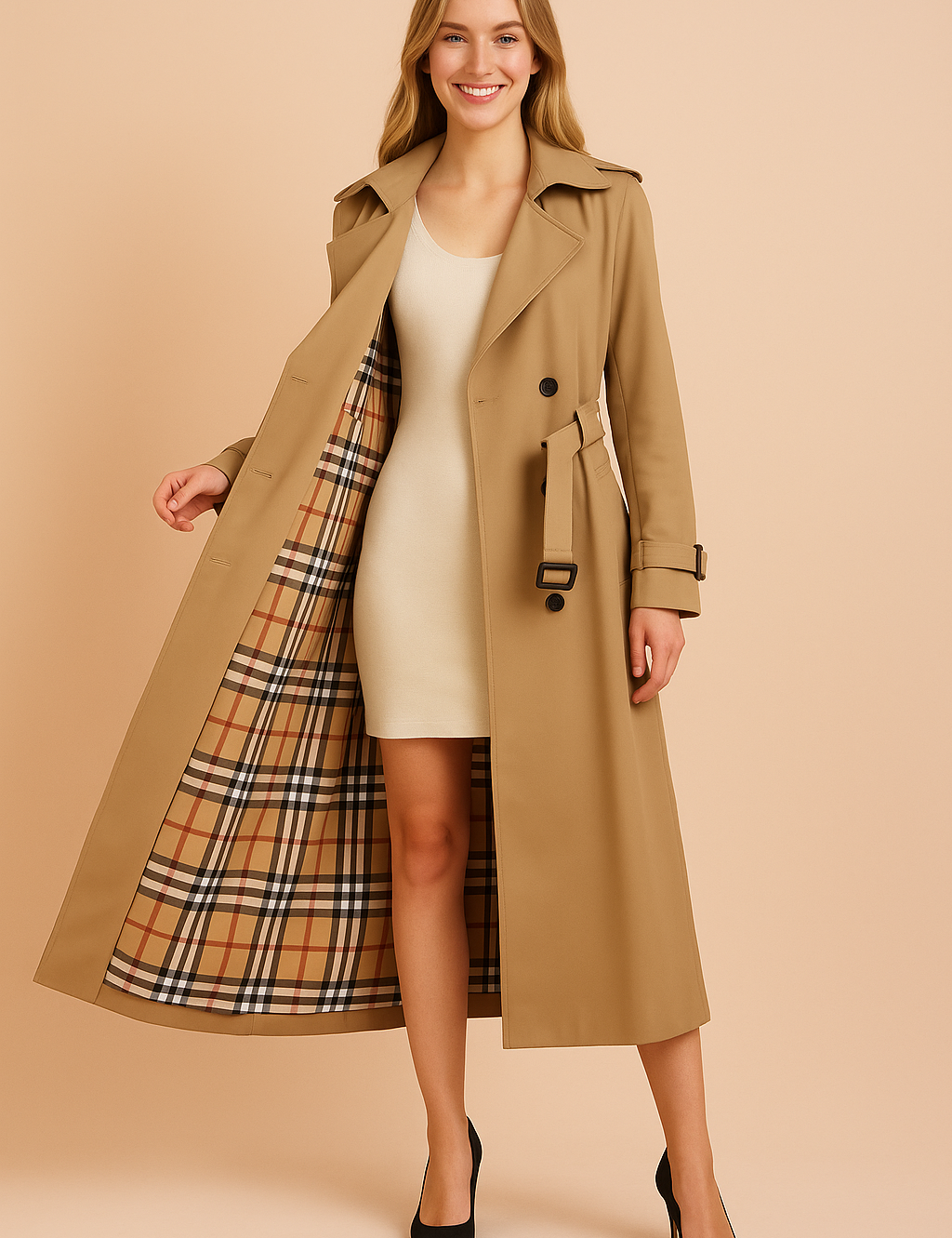 Beige trench coat with wide opening showing full Burberry-style check lining, belted waist, double-breasted buttons, and structured lapels, styled over a neutral base outfit.