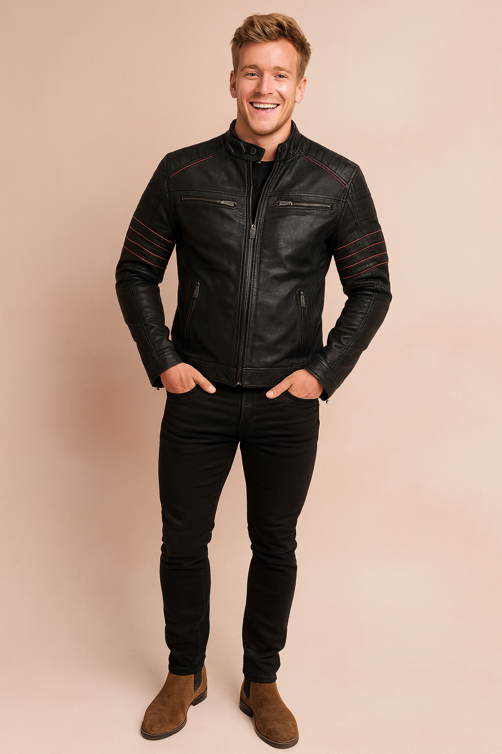 Black biker jacket with red stitched detailing, zippered chest and side pockets, and quilted shoulder panels, styled with slim black jeans and brown suede Chelsea boots for a modern edgy look.