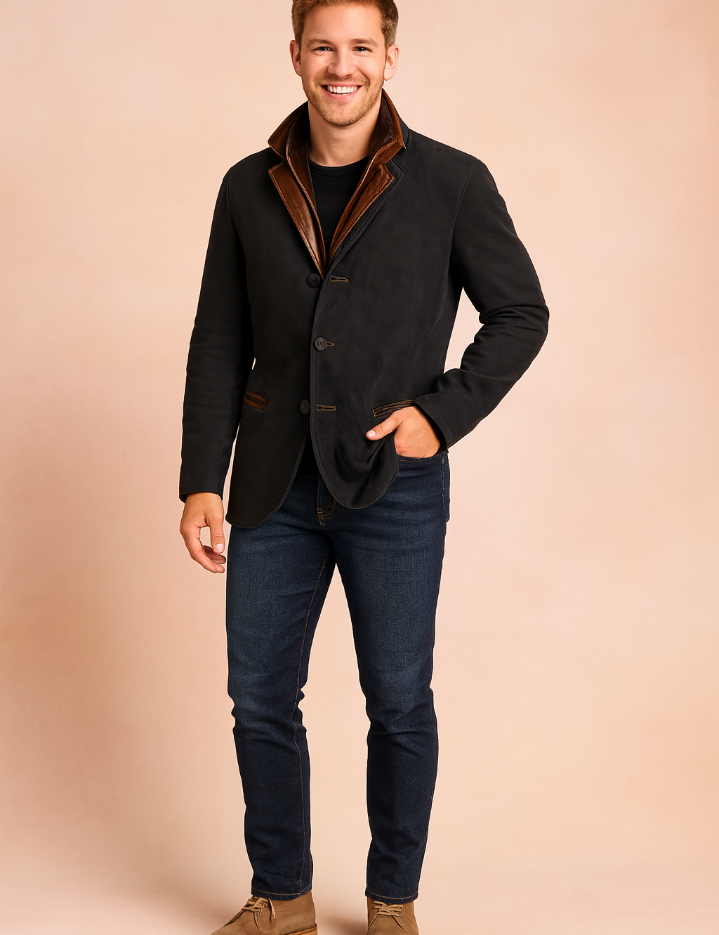 Men’s black blazer jacket with brown leather collar and trim accents, button-down front, and tailored pockets, styled with dark jeans and beige suede desert boots.