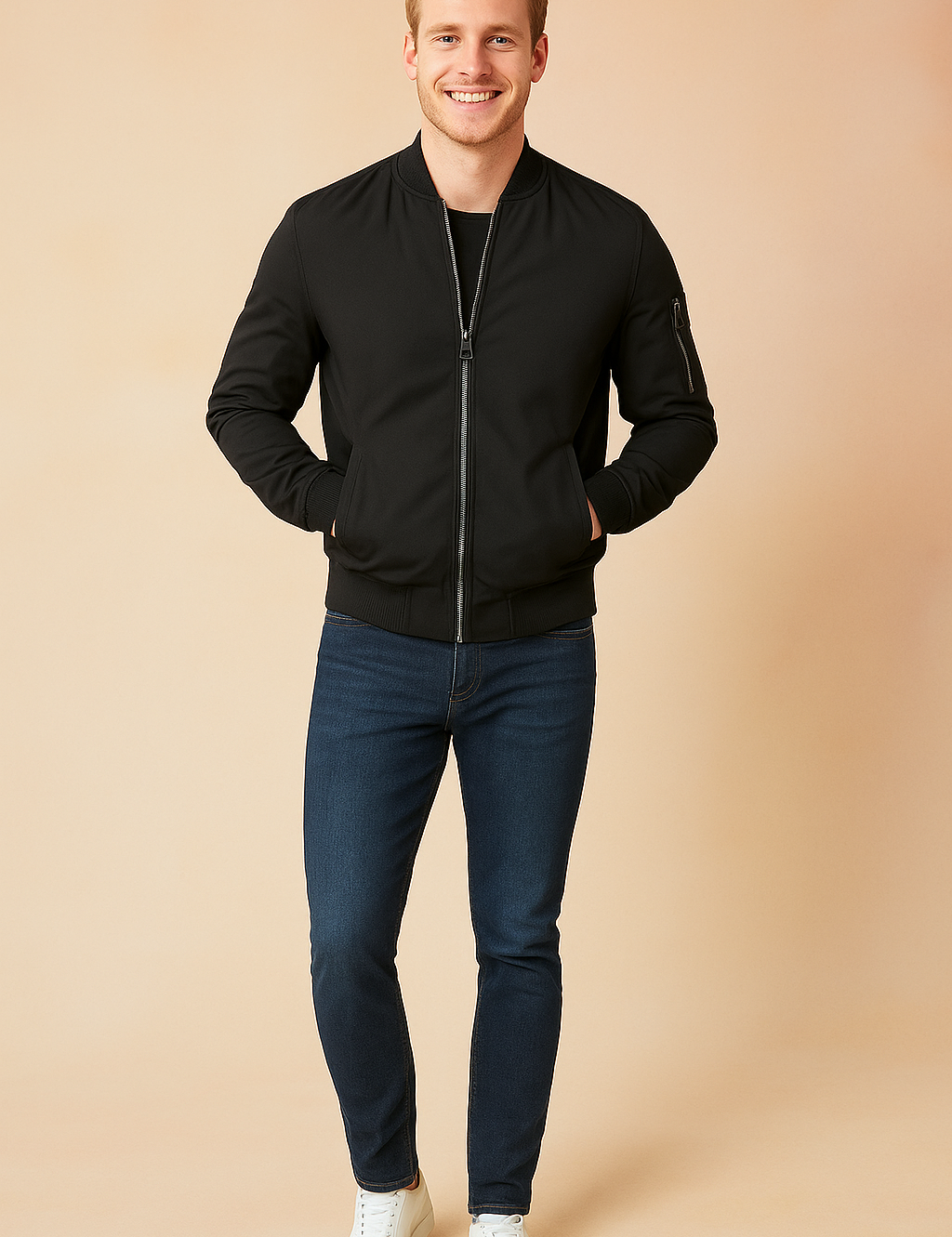 Black bomber jacket with front zipper and arm pocket, paired with slim-fit dark blue jeans and white low-top sneakers.