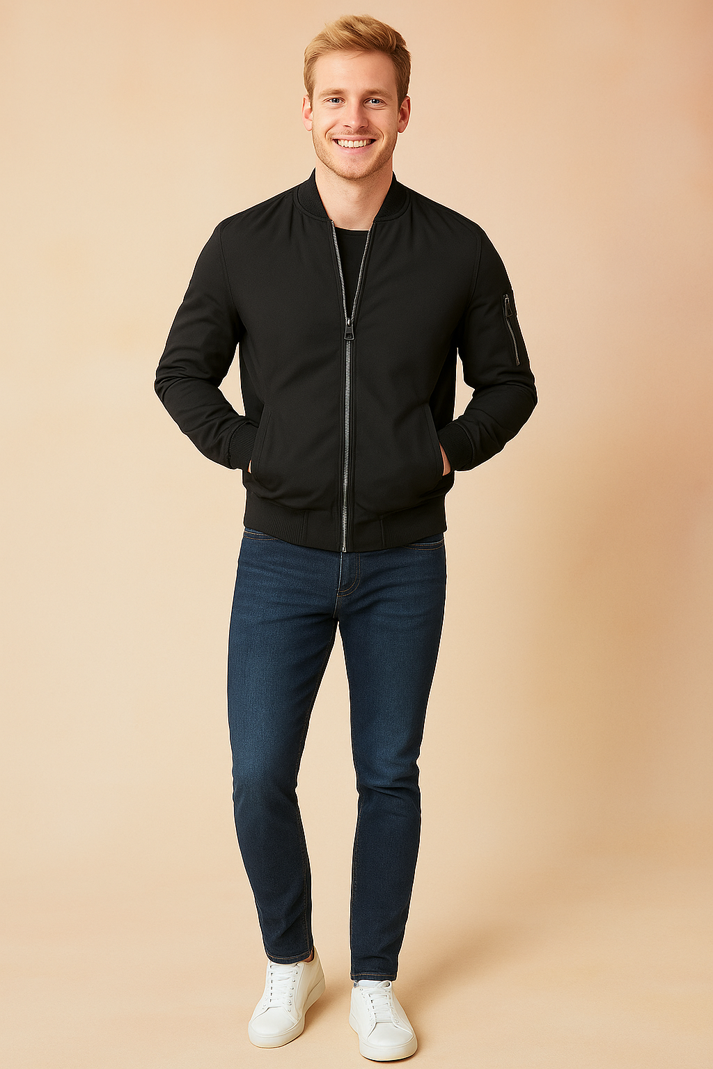 Black bomber jacket with front zipper and arm pocket, paired with slim-fit dark blue jeans and white low-top sneakers.