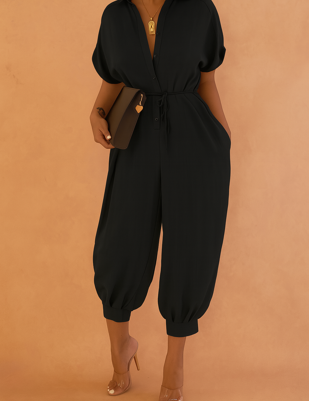 Black button-up jumpsuit featuring a drawstring waist, V-neck collar, and wide cropped legs with cuffed hems, paired with nude high heels and accessorized with a gold pendant and a sleek clutch.