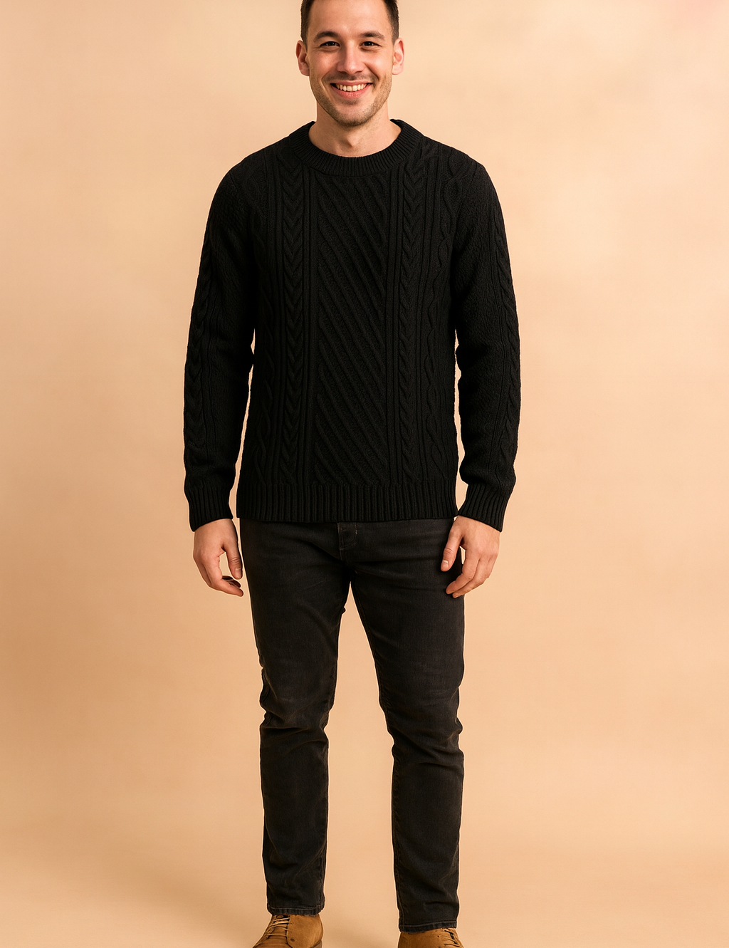 Black cable knit crew neck sweater for men with intricate diamond and braided knit patterns, designed for warmth and stylish winter wear.