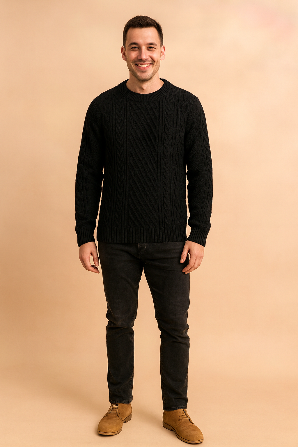 Black cable knit crew neck sweater for men with intricate diamond and braided knit patterns, designed for warmth and stylish winter wear.