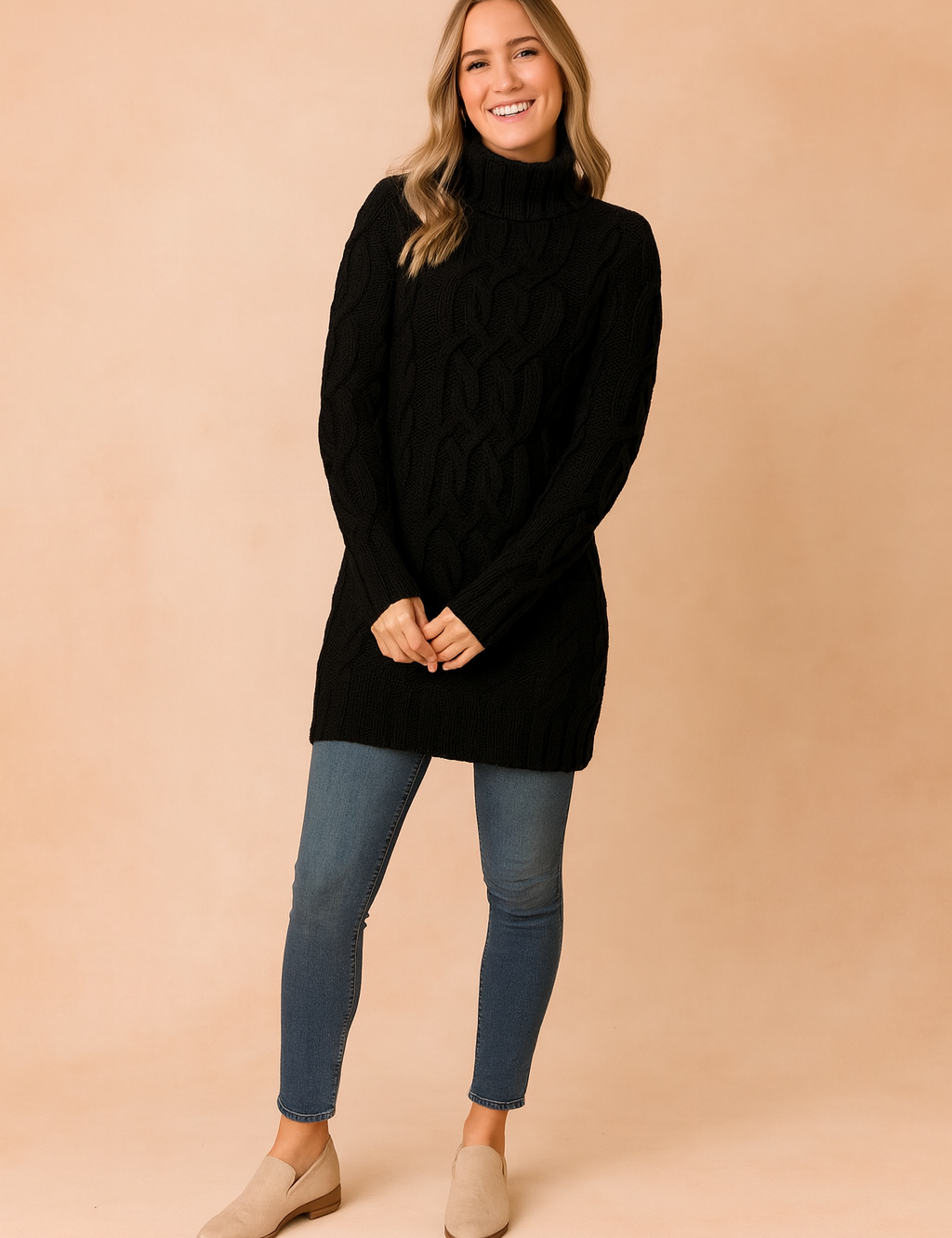 Black cable-knit turtleneck sweater dress paired with medium-wash skinny jeans and beige suede ankle boots.