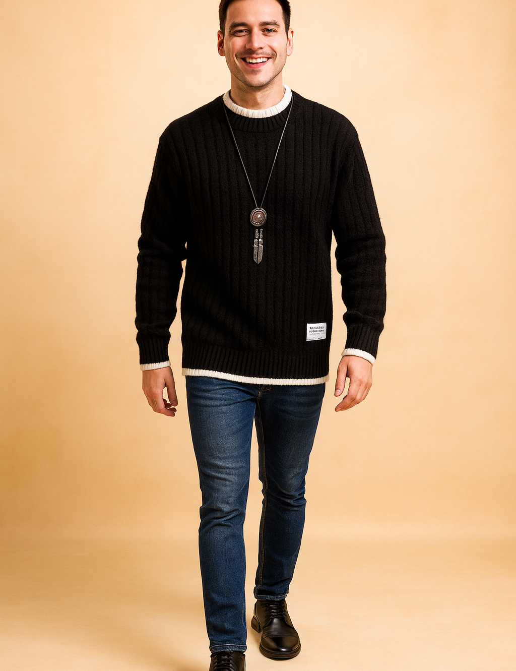 Men’s black cable knit sweater with white trim on cuffs and hem, classic crewneck design, and subtle textured pattern for a stylish and warm winter look.