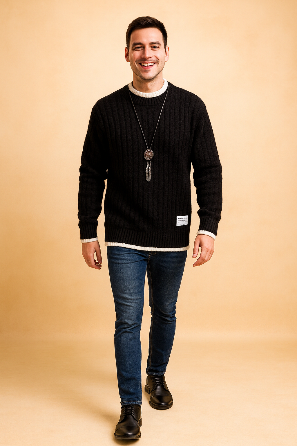 Men’s black cable knit sweater with white trim on cuffs and hem, classic crewneck design, and subtle textured pattern for a stylish and warm winter look.