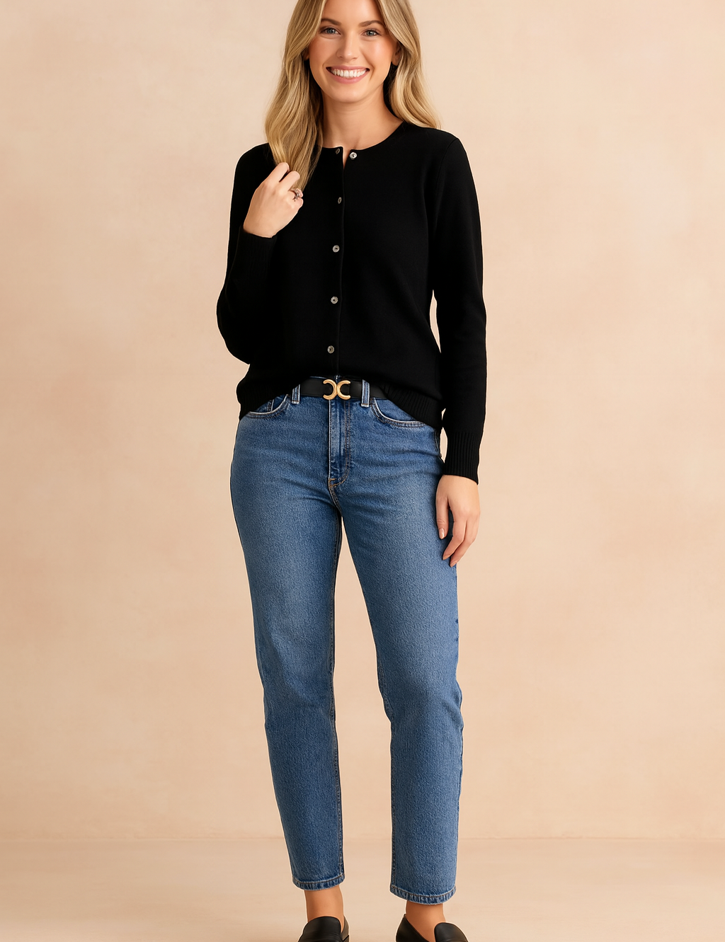 Black button-up cardigan with a round neckline, paired with classic blue straight-leg jeans, a black belt with gold buckle, and black leather loafers.