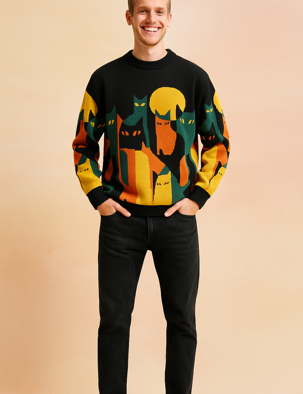Colorful knitted sweater with abstract cat silhouettes in yellow, orange, and green on a black base, styled with black jeans and black shoes.