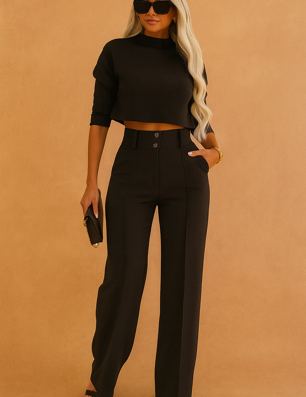 Chic black co-ord set featuring a cropped high-neck long sleeve top and high-waisted wide-leg trousers, styled with black open-toe heels and a small textured clutch for a sleek, modern look.