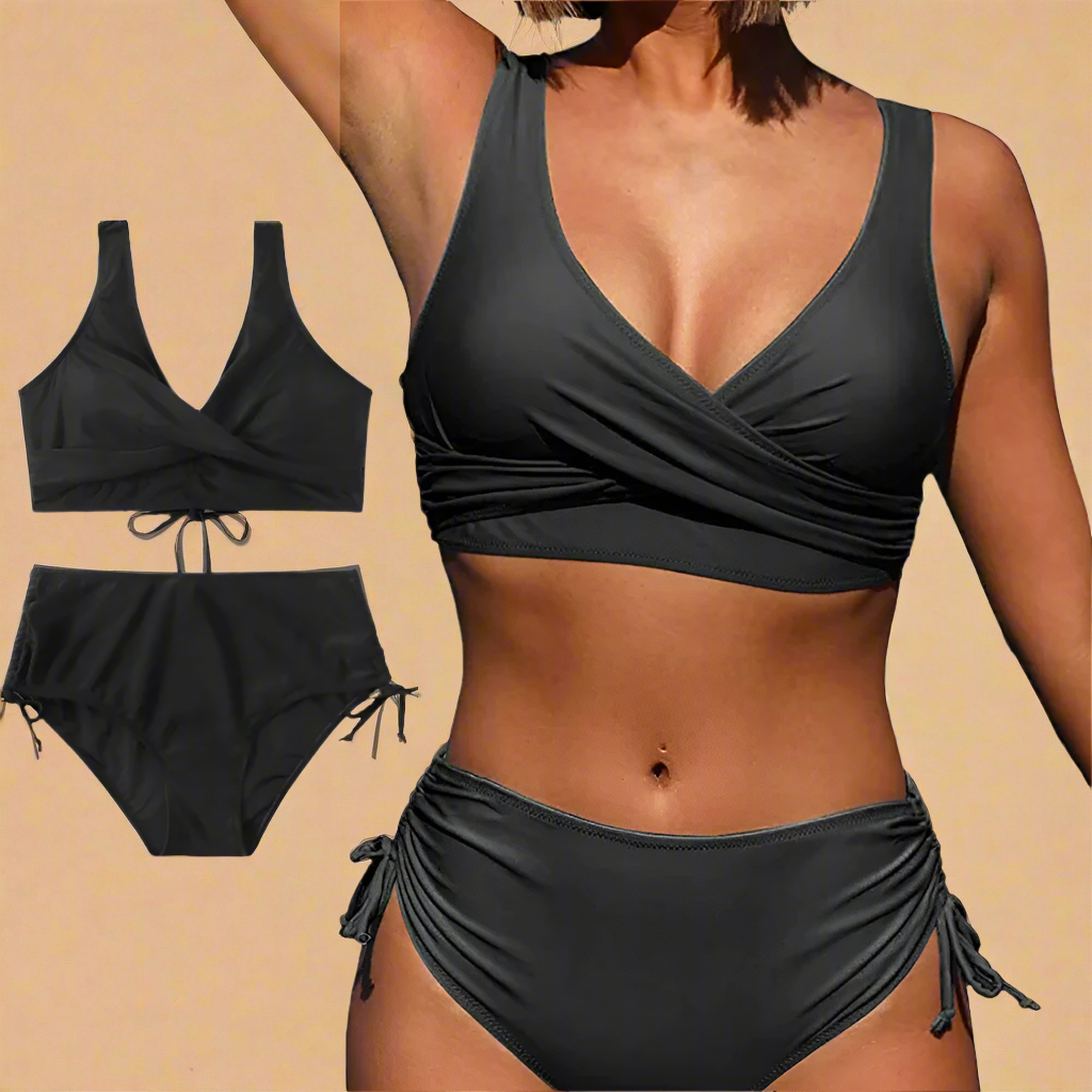 Two-piece black bikini with a crossover V-neck top and high-waisted ruched bottoms featuring adjustable side ties and a smooth matte finish.