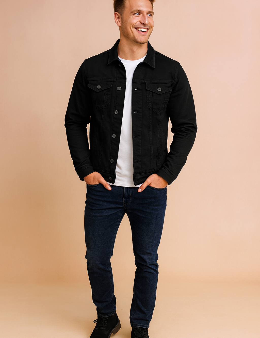 Black button-up denim jacket with front flap pockets, paired with a white crewneck t-shirt, slim dark blue jeans, and black lace-up boots.