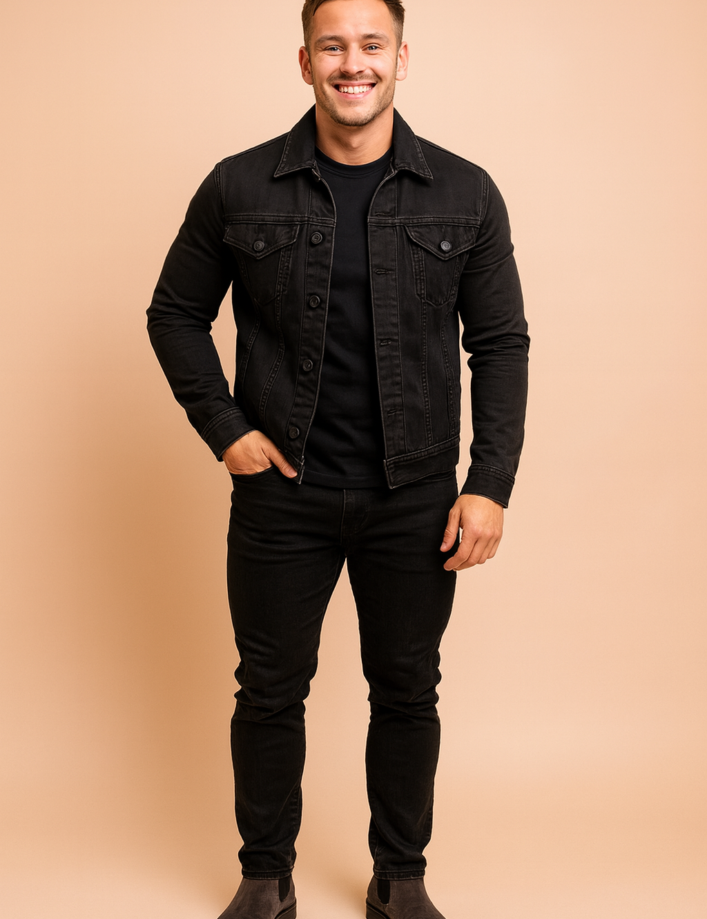 Black denim trucker jacket with button closure, chest flap pockets, and contrast stitching styled with a black t-shirt, slim-fit black jeans, and dark suede Chelsea boots.