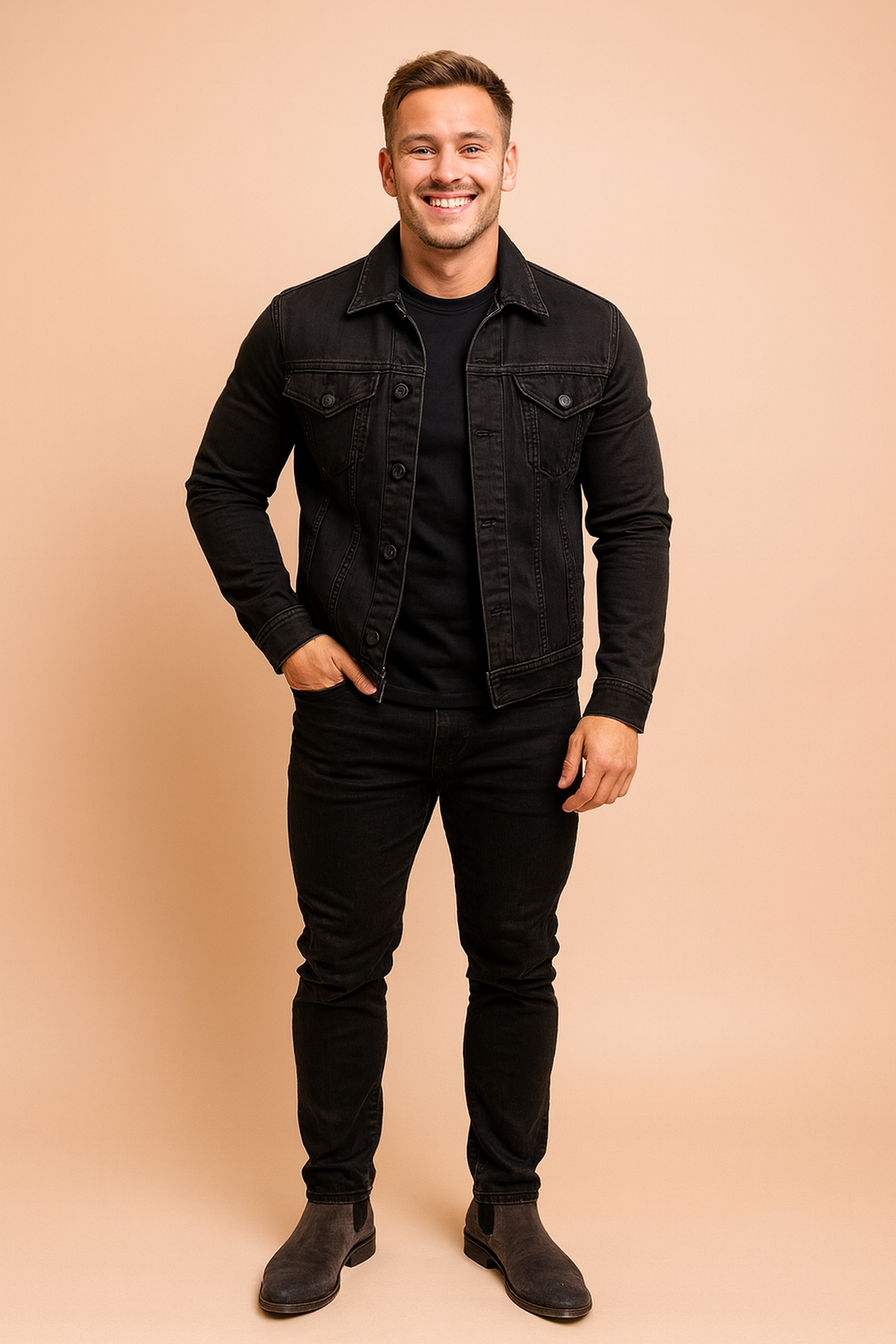 Black denim trucker jacket with button closure, chest flap pockets, and contrast stitching styled with a black t-shirt, slim-fit black jeans, and dark suede Chelsea boots.