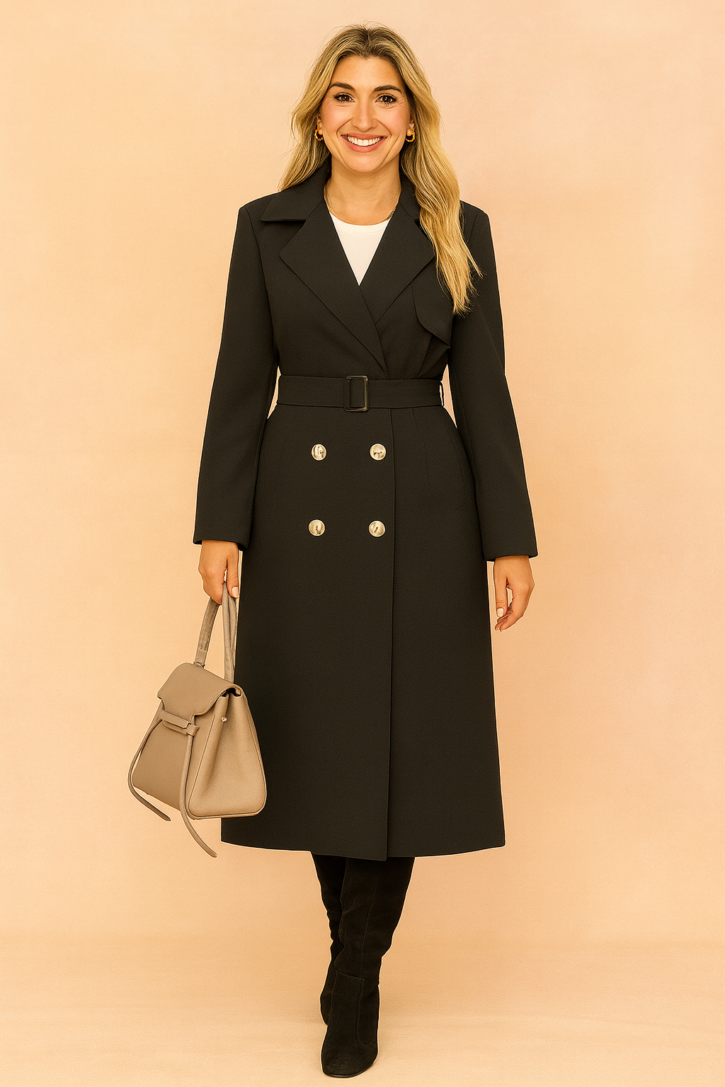 Black double-breasted trench coat with silver buttons, belted waist, and structured lapels, styled with black suede knee-high boots and a taupe handbag.