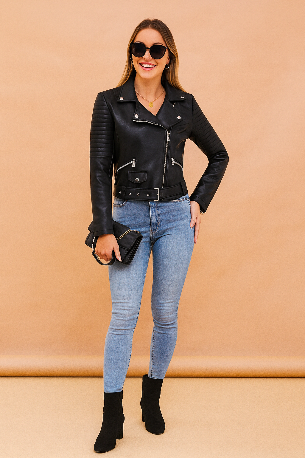Black faux leather biker jacket with quilted sleeves, silver zip details, belted waist, and multiple zippered pockets, styled with light blue skinny jeans, black ankle boots, and a chain-strap clutch.