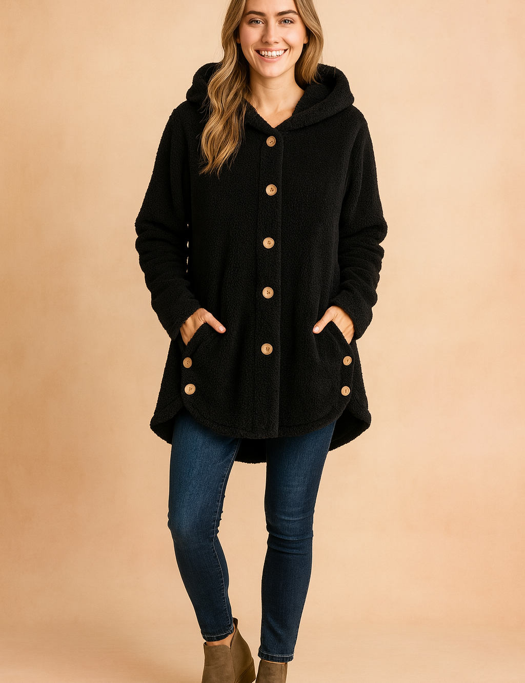 A cozy black fleece hooded jacket with button front and side button details, styled for a casual chic look