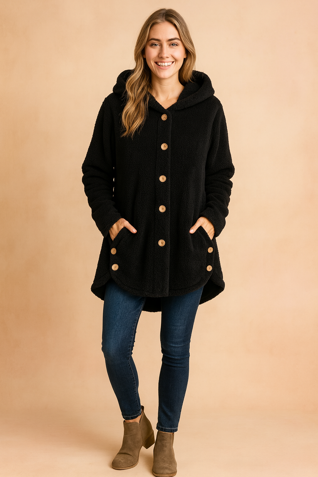 A cozy black fleece hooded jacket with button front and side button details, styled for a casual chic look