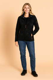 Black fleece jacket with embossed leaf pattern, full zip closure, and side zip pockets.