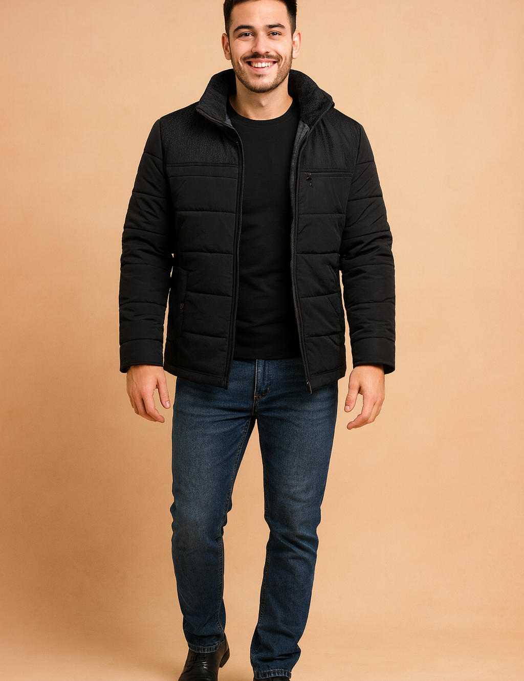 Black padded men's jacket with grey fleece lining, front zipper closure, and quilted texture.