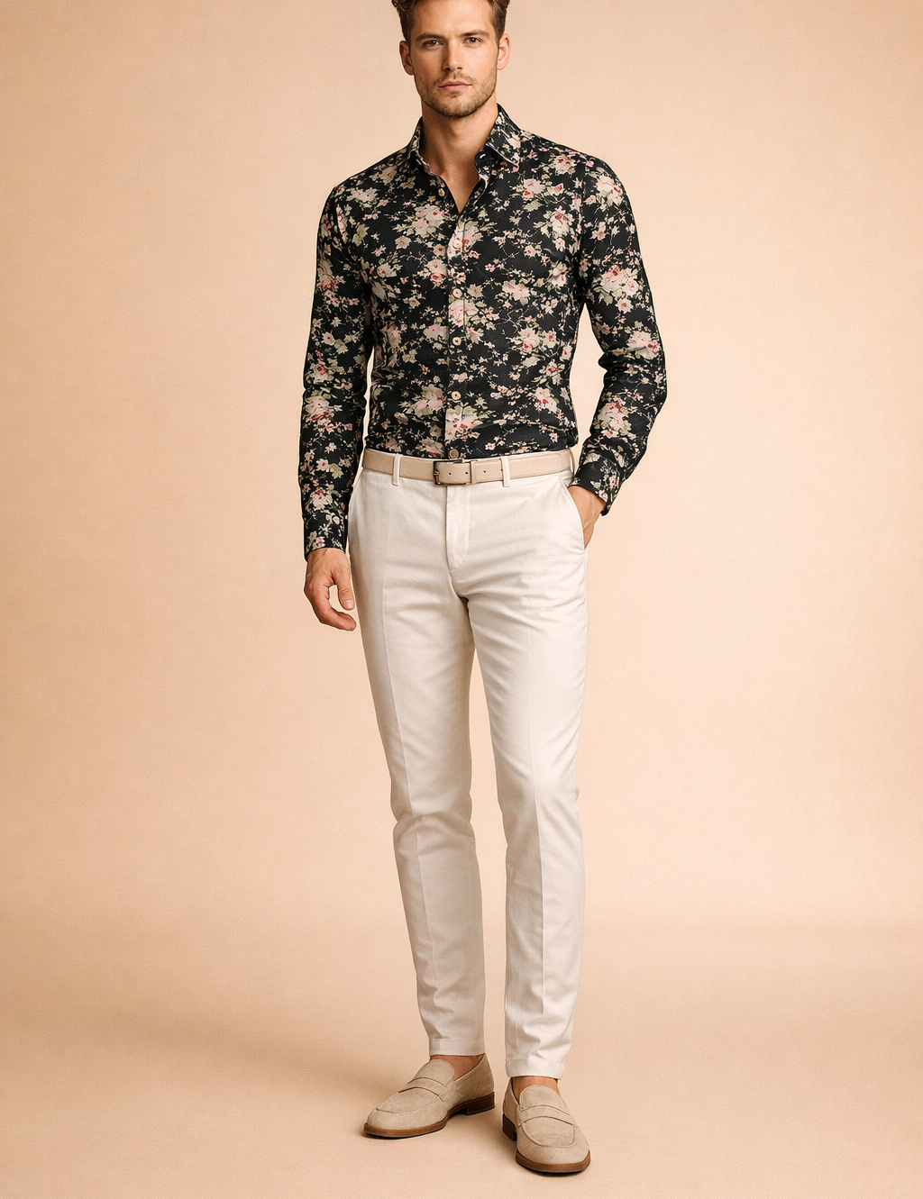 Black long-sleeve button-up shirt with an all-over vintage floral print featuring soft pink, muted red, sage green, and cream blossoms on a deep black base, tailored in a clean modern fit and styled with classic neutral leather shoes for a refined contemporary look.