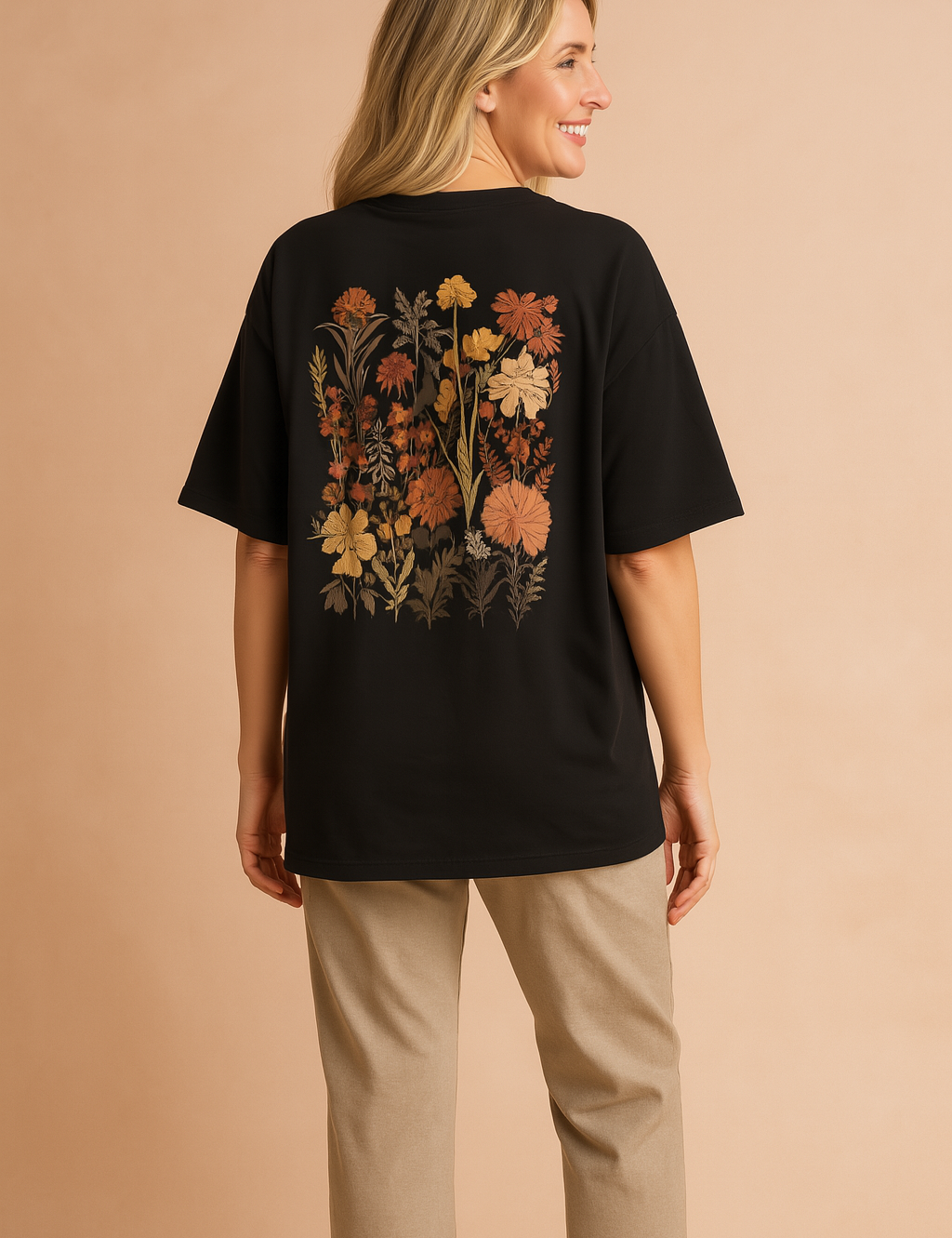 Black oversized T-shirt with floral chest pocket design paired with fitted black pants and black low-top sneakers.