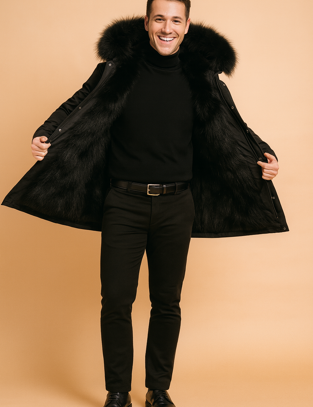 Black fur-lined winter parka jacket with luxurious faux fur hood and inner lining, paired with a sleek all-black outfit for a stylish cold-weather look"