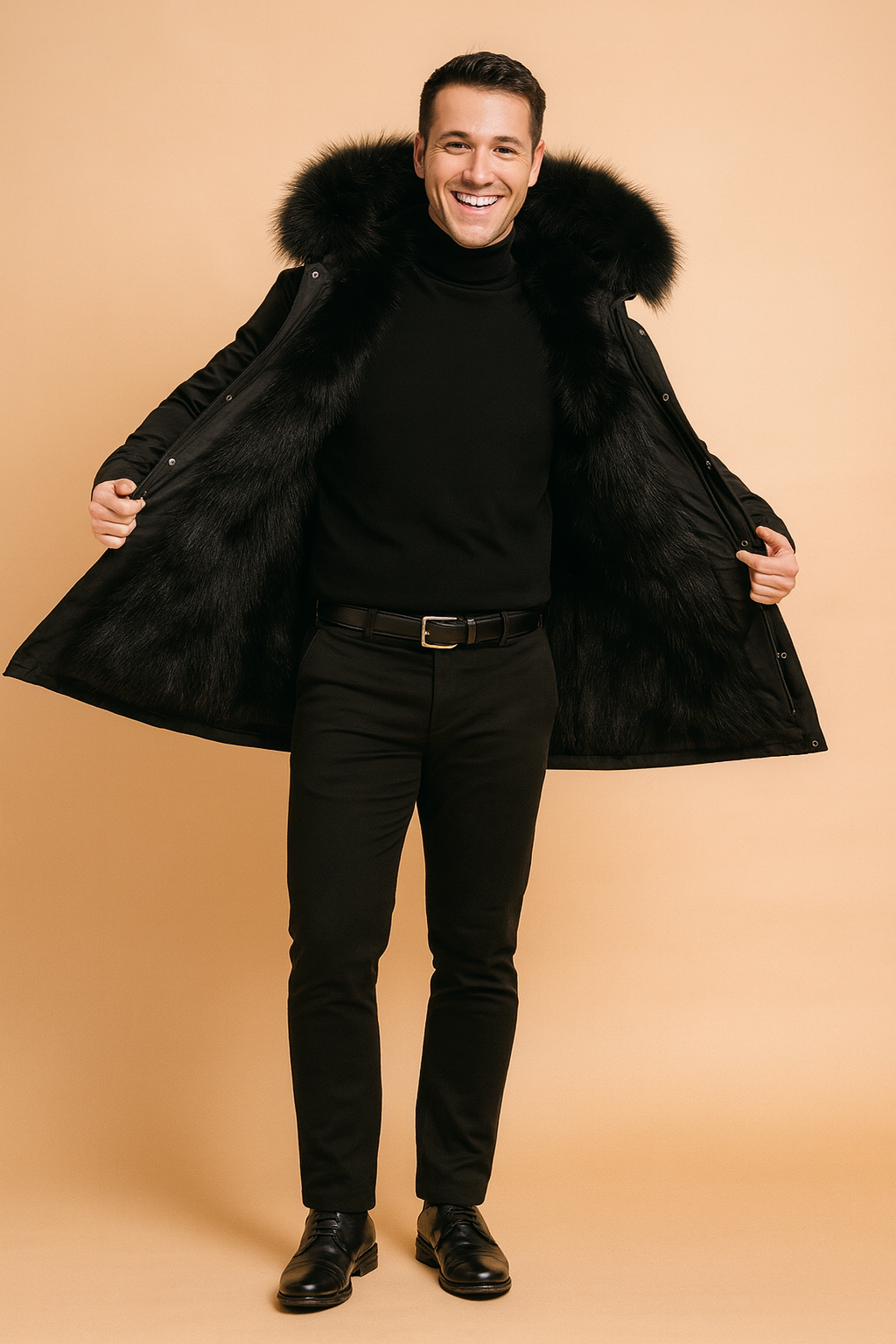 Black fur-lined winter parka jacket with luxurious faux fur hood and inner lining, paired with a sleek all-black outfit for a stylish cold-weather look"