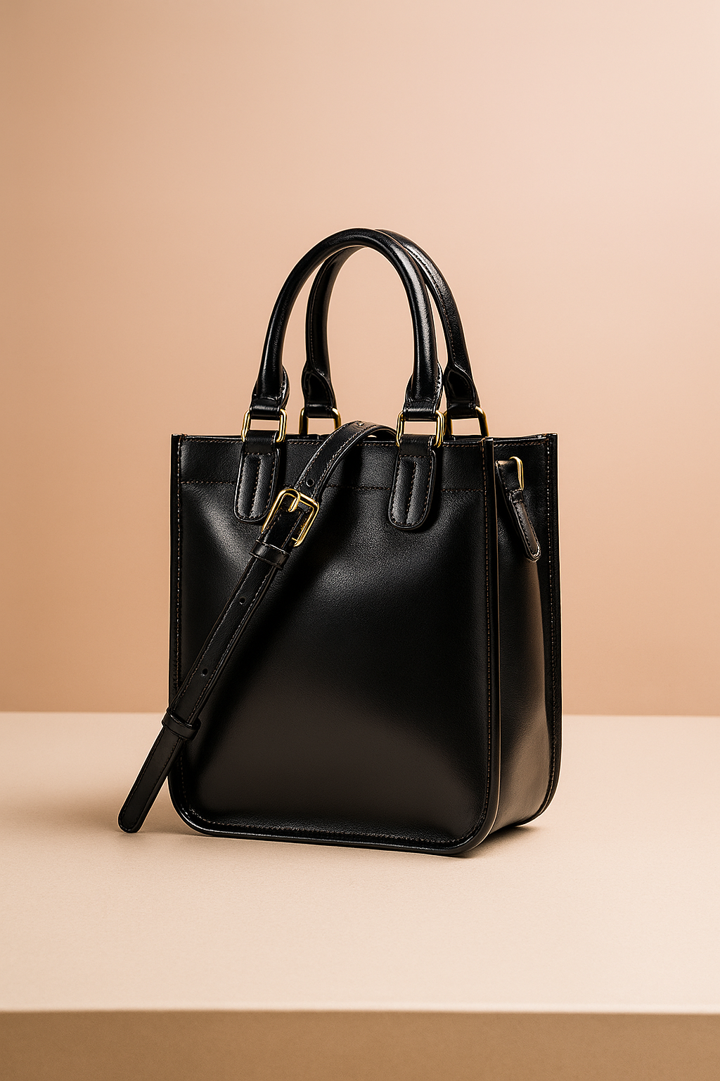 Glossy black leather tote handbag with double handles, gold buckle strap, and visible stitching on a neutral background.