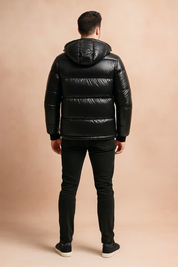 Glossy black hooded puffer jacket with quilted padding, shown from the back to highlight stitching and fit.