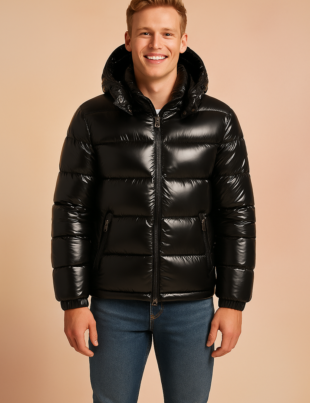 "Black glossy puffer jacket with hood, front zipper, zippered side pockets, and quilted padding, styled in a modern winter fashion look."