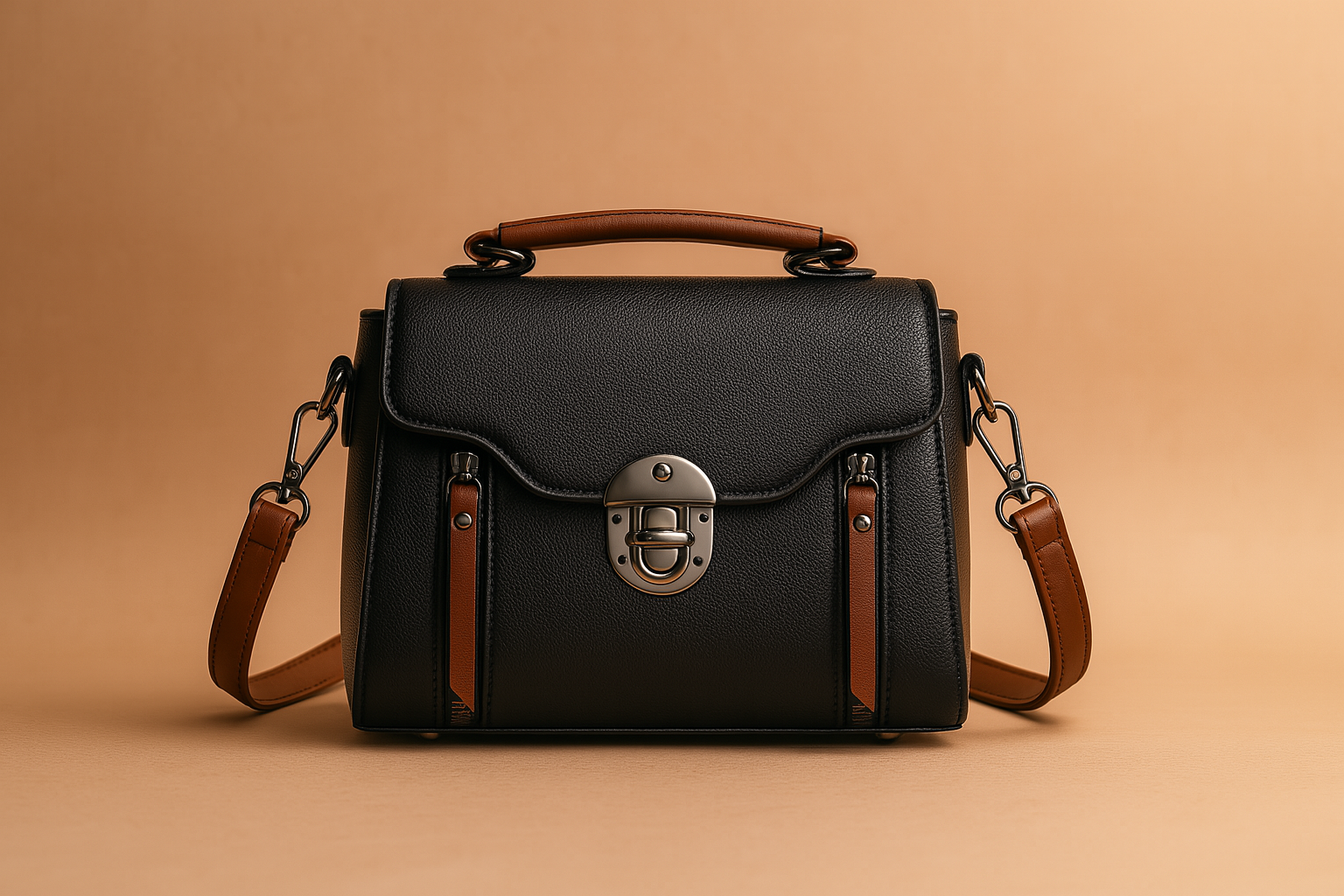 Elegant structured black handbag with brown accents, silver clasp, and textured finish, displayed on a soft sand-pink gradient background with gentle studio lighting.