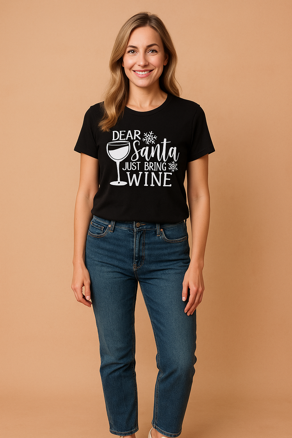Black short-sleeve graphic t-shirt featuring bold white festive typography that reads "Dear Santa Just Bring Wine" with a wine glass illustration and snowflake accents, perfect for casual holiday wear.