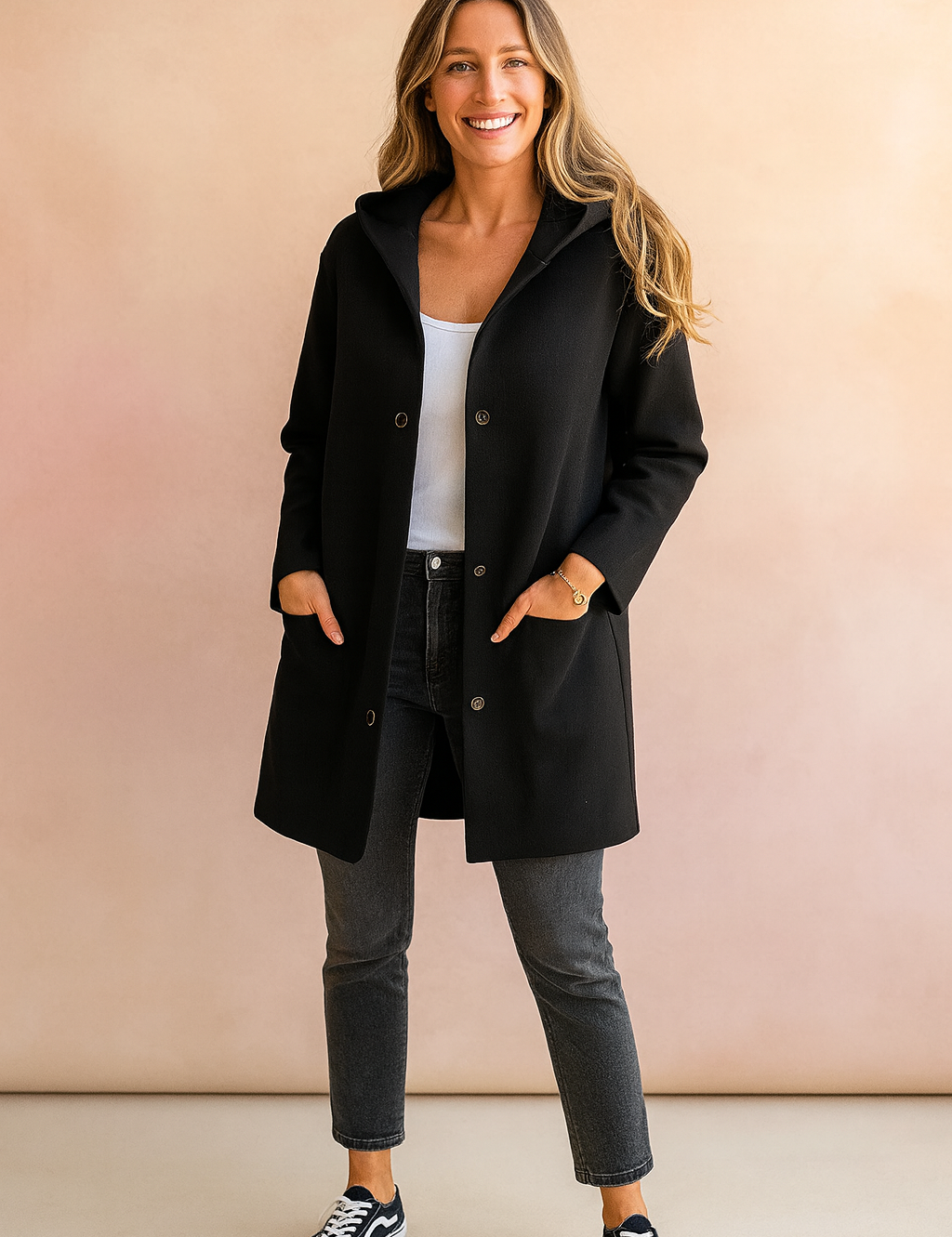 Black hooded button-up coat with long sleeves, front pockets, and straight cut, styled with dark slim-fit jeans, white tank top, and black low-top sneakers.