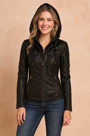 Black hooded faux leather jacket with front zip closure, quilted sleeve details, and multiple zippered pockets.